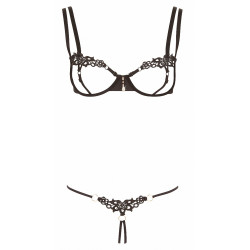 Ensemble lingerie dentelle noir érotique à string ouvert et poitrine dévoilée