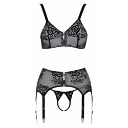 Ensemble lingerie coquine gris 3 pièces à zip et poitrine libre