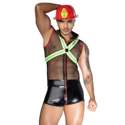 Costume pompier sexy 3 pièces combinaison wetlook harnais fluo casque