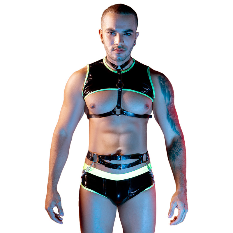 Ensemble sexy fluo 4 pièces body résille néon harnais bandes UV provocantes