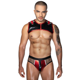 Tenue club sexy pour homme 2 pièces harnais rouge noir shorty clubbing dominant