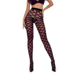 Collants ouverts TI024 noir à motif damier sexy et transparent sur les jambes.