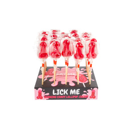 Présentoir de 40 sucettes pénis à la cerise avec effet chauffant décor festif