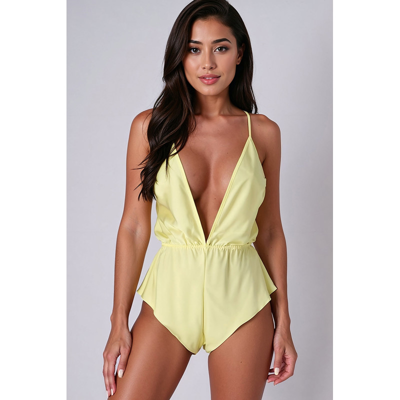 Body jaune Sensie body satin jaune avec bustier décolleté plongeant et bas remontant sur les hanches