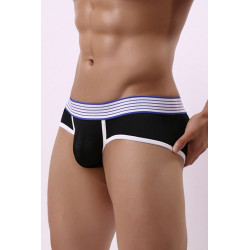 jock-strap noir paris hollywood, sexy et confortable avec galon blanc et ceinture rayée bleue et blanche.