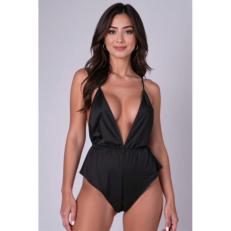 Body noir Sensie body satiné noir avec bustier décolleté V et shorty remontant sur les hanches