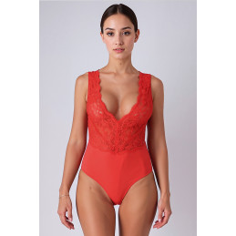 Body rouge Evalie haut en dentelle florale rouge et bas en microfibre pour galbe élégant et féminin