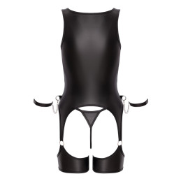 Ensemble BDSM noir dans une ambiance fétiche, lumière tamisée et accessoires argentés apparents