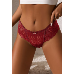 String dentelle dos lacé Bordeaux posé sur drap clair, lacets croisés et gousset coton pour plus de confort
