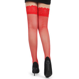 Bas résille jarretière dentelle Rouge portés avec talons, rendu très glamour et féeminin