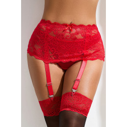 Porte‑jarretelles dentelle large Rouge posé sur drap clair, larges élastiques et boucles métalliques visibles