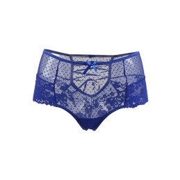 Tanga lacé dentelle taille haute Bleu en gros plan, détail du laçage arrière et du gousset coton