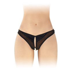 String ouvert Sophie noir, résille fine et perles nacrées délicates