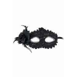 Loup semi rigide Bella Figura, masque noir brillant décoré de strass et fleur en tulle