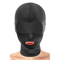Cagoule BDSM noire bouche ouverte, masque la vue et laisse la bouche accessible