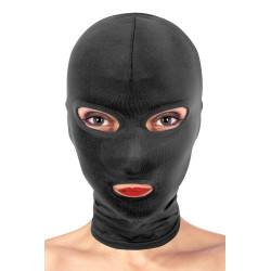 Cagoule BDSM noire trois ouvertures, masque la tête et révèle bouche et yeux