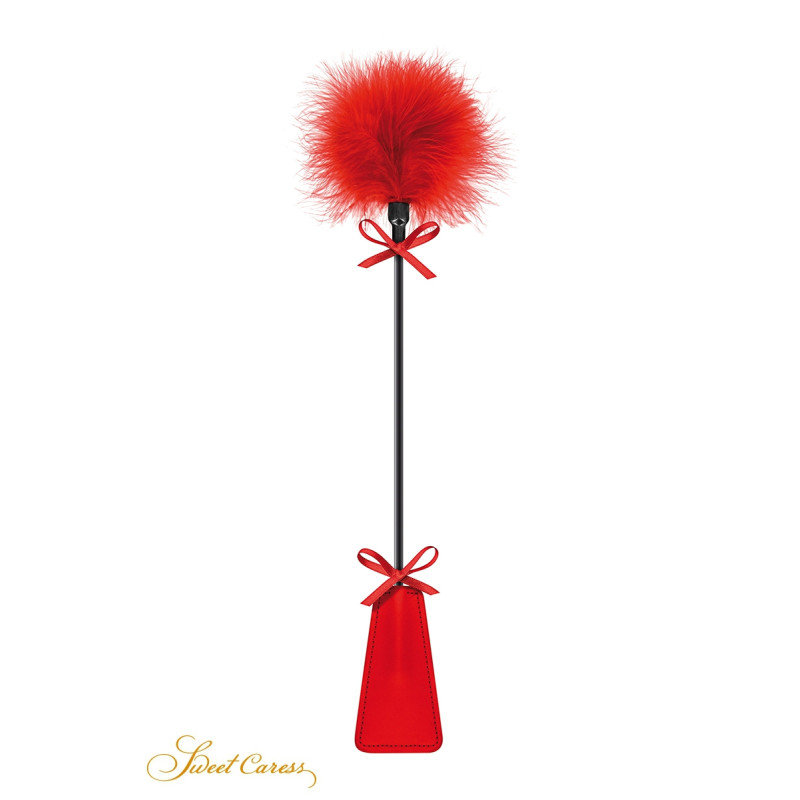 Tapette à pompon rouge Sweet Caress, cravache 2 en 1 pour jeux BDSM soft