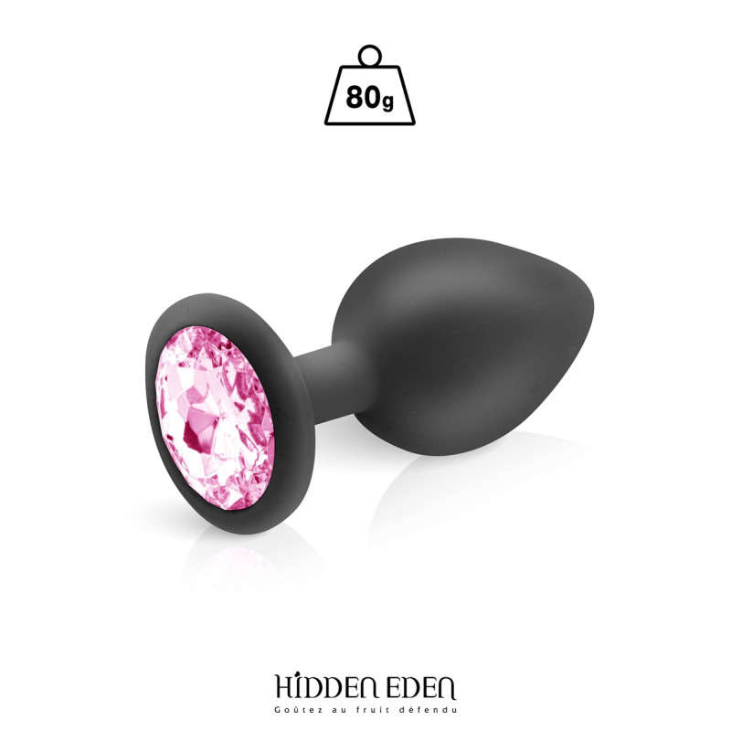 Plug bijou silicone noir L Hidden Eden, vue de profil, silicone noir mat et bijou lumineux