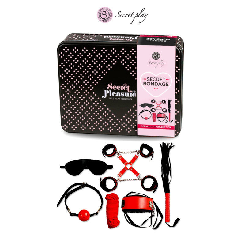 Kit BDSM 8 pièces Rouge & Noir comprenant menottes, fouet, bâillon et accessoires assortis