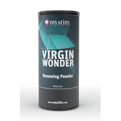 Poudre entretien masturbateur Mystim, étiquette visible sur le flacon posé sur une table debout sur fond uni