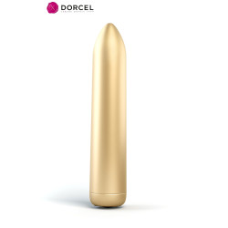 Mini vibro Rocket Bullet doré Dorcel, vue rapprochée sur la tête fine et le bouton de contrôle