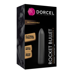 Mini vibro Rocket Bullet noir Dorcel, présenté dans son coffret, mise en avant du design soigné