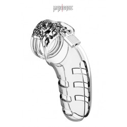 Cage de chasteté 14 cm ManCage 06, design transparent et anneaux ajustables pour un contrôle raffiné.