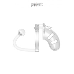 Cage de chasteté 9 cm avec plug ManCage 10, anneaux ajustables et design transparent pour confort.