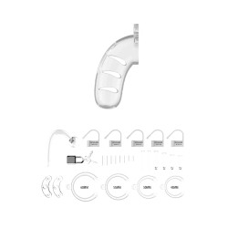 Cage de chasteté 11,5 cm avec plug ManCage 11, design transparent et anneaux ajustables pour confort optimal.