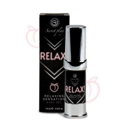 Gel anal relaxant Relax Secret Play, tube 15 ml et packaging discret sur fond blanc.