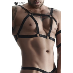 Ensemble harnais et deux strings ouverts Regnes, lanières élastiques et anneaux métalliques.