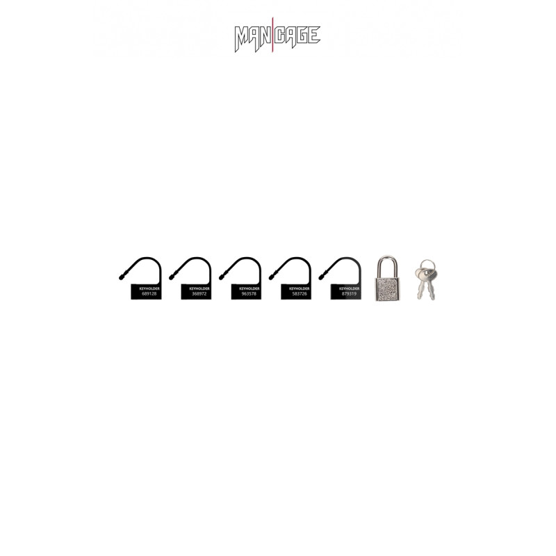6 Cadenas noir Mancage, l'ensemble des cinq verrous en plastique et du cadenas métallique.