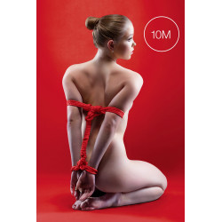 Corde de bondage Japonais 10m rouge Ouch, gros plan sur le tressage serré de la fibre.