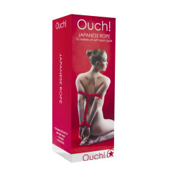 Corde de bondage Japonais 10m rouge Ouch, illustrant une figure de suspension ou d'attache.