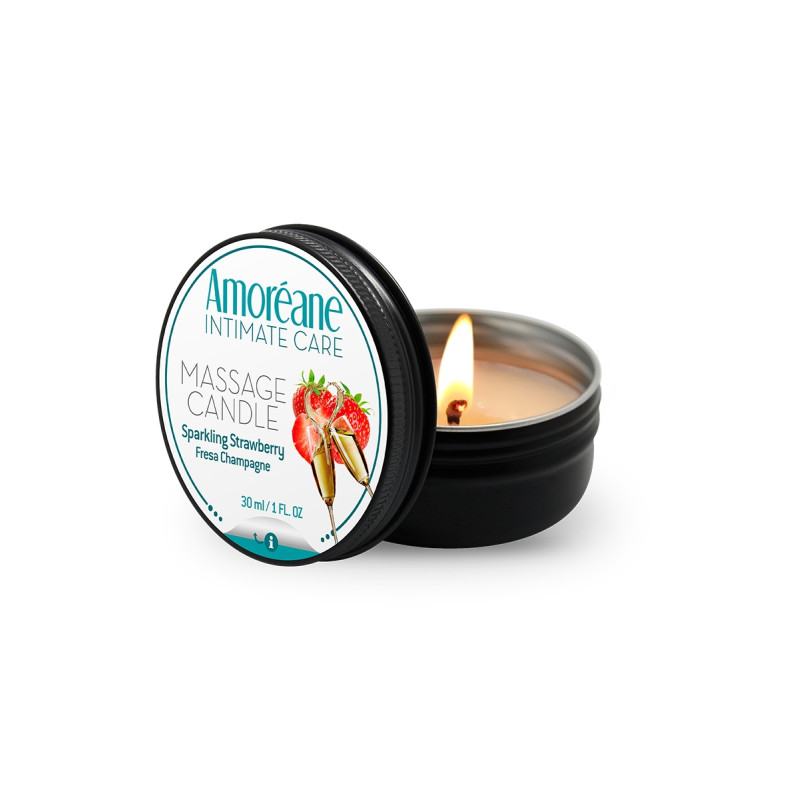 Bougie de massage vin petillant à la fraise Amoreane, la bougie allumée, cire fondue.