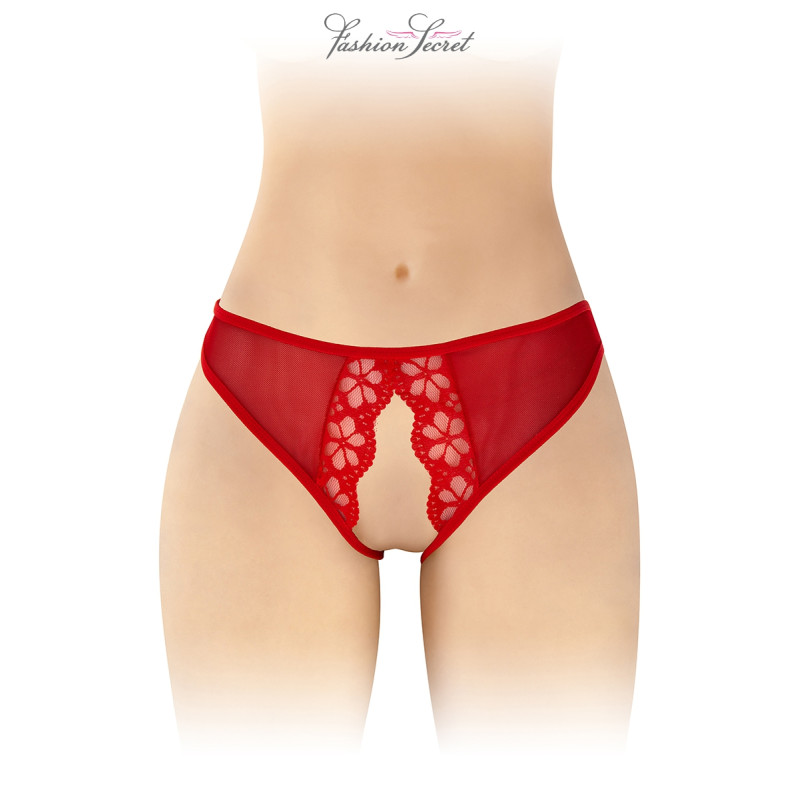 Culotte rouge ouverte Ambre Fashion Secret, vue de face de la culotte et son ouverture.