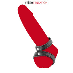 Double cockring simili cuir Fetish Tentation, gros plan sur les boutons-pression de réglage.
