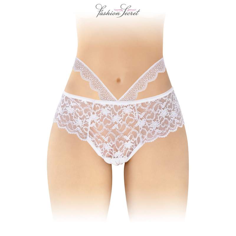 Culotte ouverte blanche Marie Fashion Secret, la coupe ouverte et les ornements de hanches.
