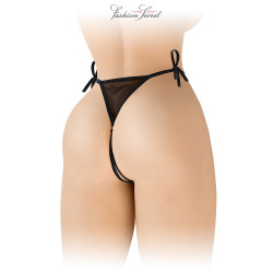 String noir ouvert à nouer Stella Fashion Secret, gros plan sur le ruban de satin noué à la hanche.