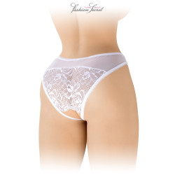 Tanga blanc ouvert Ava Fashion Secret, la coupe du tanga en dentelle et tulle vue de dos.