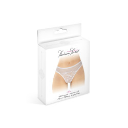 Tanga blanc ouvert Ava Fashion Secret, gros plan sur les motifs floraux de la dentelle blanche.