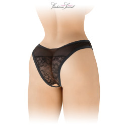 Tanga noir ouvert Ava Fashion Secret, vue de l'arrière du tanga, montrant le tulle et la dentelle.