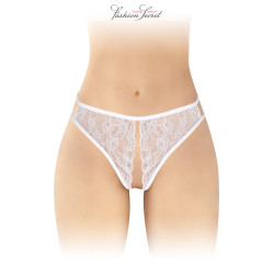 String blanc ouvert Victoria Fashion Secret, le design frontal avec ses bandes parallèles et son ouverture.
