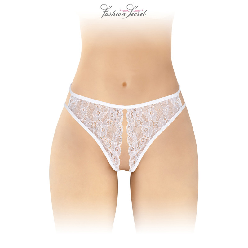 String blanc ouvert Victoria Fashion Secret, le design frontal avec ses bandes parallèles et son ouverture.