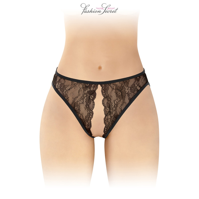 String noir ouvert Victoria Fashion Secret, vue de face du string noir et de sa structure à lanières.