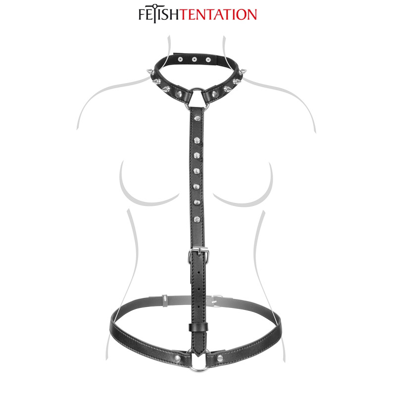 Harnais buste à pointes Fetish Tentation, le harnais en simili-cuir porté sur le torse.