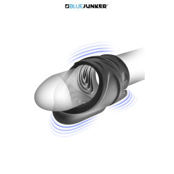 Blue Junker Masturbateur Blue Junker vibrant automatique avec stries, l'appareil étiré pour montrer sa souplesse.