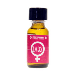 Poppers Lady 25 ml, la bouteille grand format de 25ml avec son étiquette rose et noire avec le nom du produit