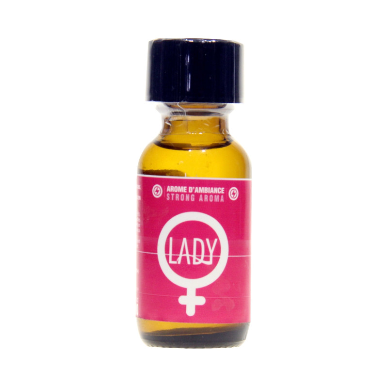 Poppers Lady 25 ml, la bouteille grand format de 25ml avec son étiquette rose et noire avec le nom du produit