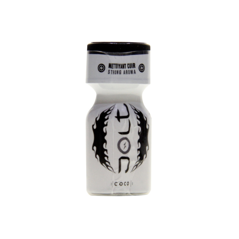 Poppers Jolt White Coco 10ml, gros plan sur l'étiquette blanche du flacon Jolt Coco.